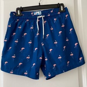 Bermie’s Blue w/pink flamingo swim shorts Sz S